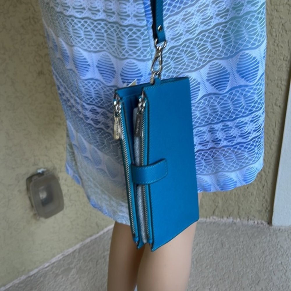 Michael Kors Large Double Zip Leather Wallet Wristlet Phone Case Lagoon - Picture 16 of 16